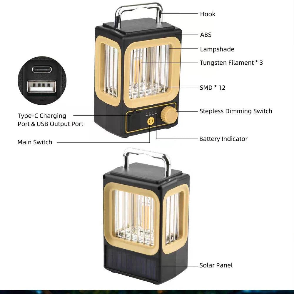 LED Rechargeable Flashlight Camping Lantern 5 Modes Super Bright Portable Hanging Tent Lamp Waterproof Hiking Fishing Outdoor