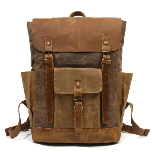 MUCHUAN Oil Wax Canvas Cow Leather Backpacks Unisex Waterproof Rucksacks 15" Laptops Daypacks Large Capacity Vintage Mochilas