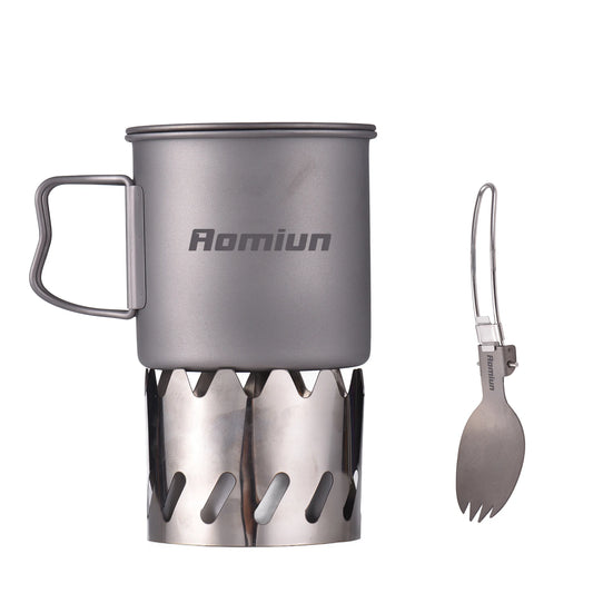 Camping Cooking Set Ti 500ml Cup Fork Spoon Alcohol Stove Windscreen Portable Camping Cook Sets for 1 People