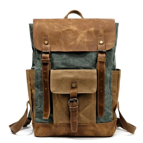 MUCHUAN Oil Wax Canvas Cow Leather Backpacks Unisex Waterproof Rucksacks 15" Laptops Daypacks Large Capacity Vintage Mochilas