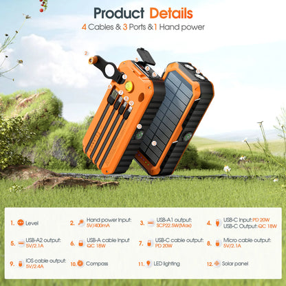 Hand Crank Solar Power Bank 20000mAh Waterproof Portable 22.5W Fast Charger Powerbank for iPhone Samsung Xiaomi External Battery