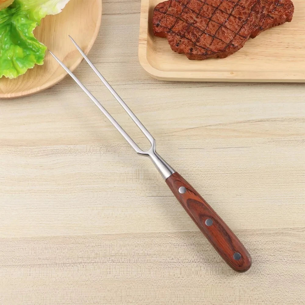 Stainless Steel Barbecue Fork With Wooden Handle Beef Portable Outdoor Bbq Camping Cooking Grill Tools Accessories