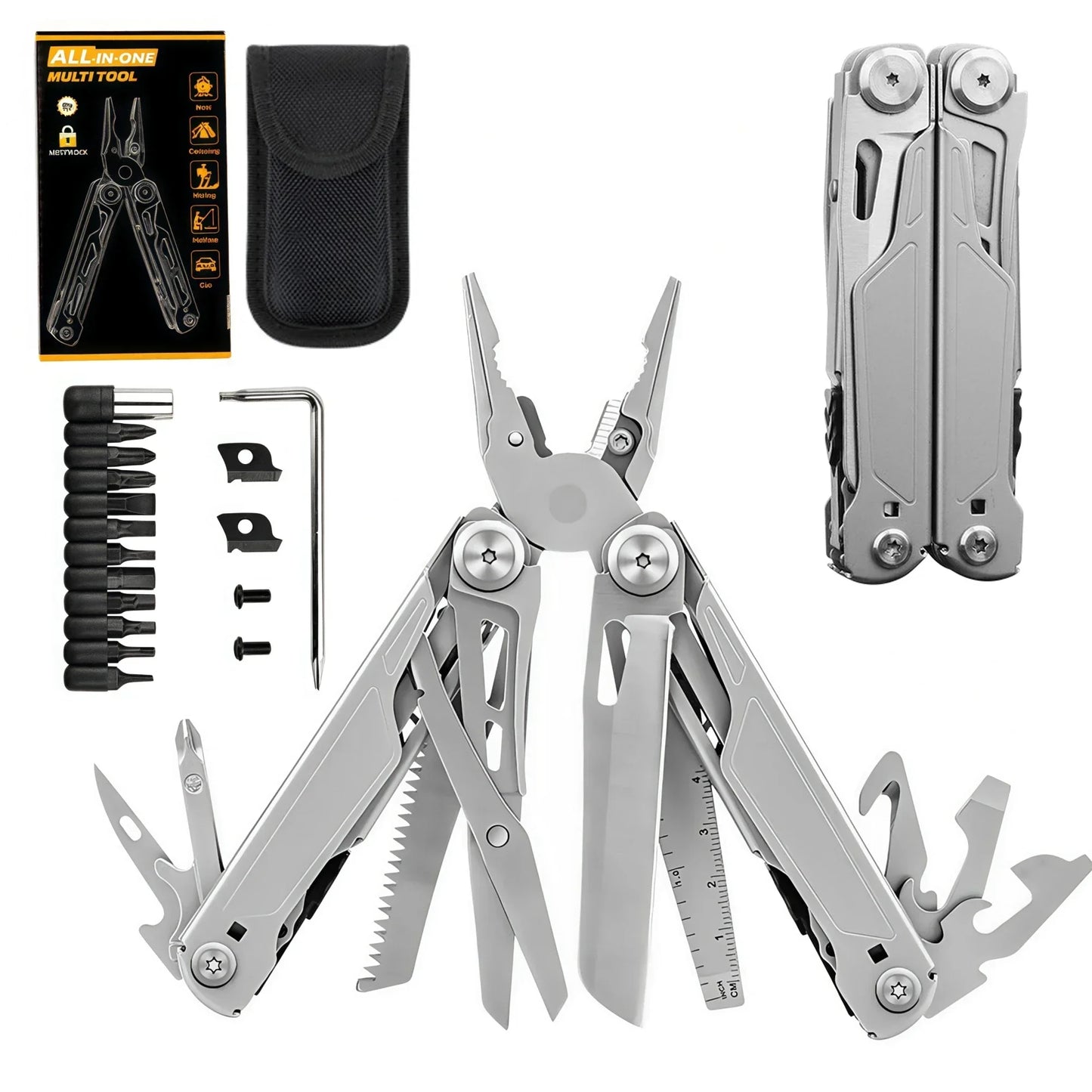 Multitool  18-in-1 EDC Pocket Knife Set with Wire Stripper, Pliers, and Pocket Clip, Gifts for Men, Stainless Steel Scissors
