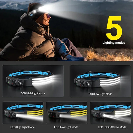 Induction Headlamp COB+LED Headlamp Built in Battery USB Rechargeable Outdoor Waterproof Camping Fishing Work Lantern ﻿