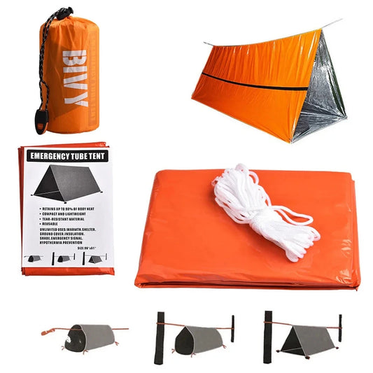 2 Person Emergency Shelter Bivy Survival Tent Kit Mylar Tube Tent Sleeping Bag Waterproof Outdoor SOS Thermal Blanket Reusable