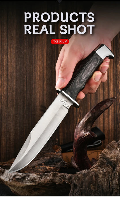 1Pc Ultra-Durable Stainless Steel Knife with Ergonomic Wooden Handle, Includes Portable Black Sheath - Perfect for Camping
