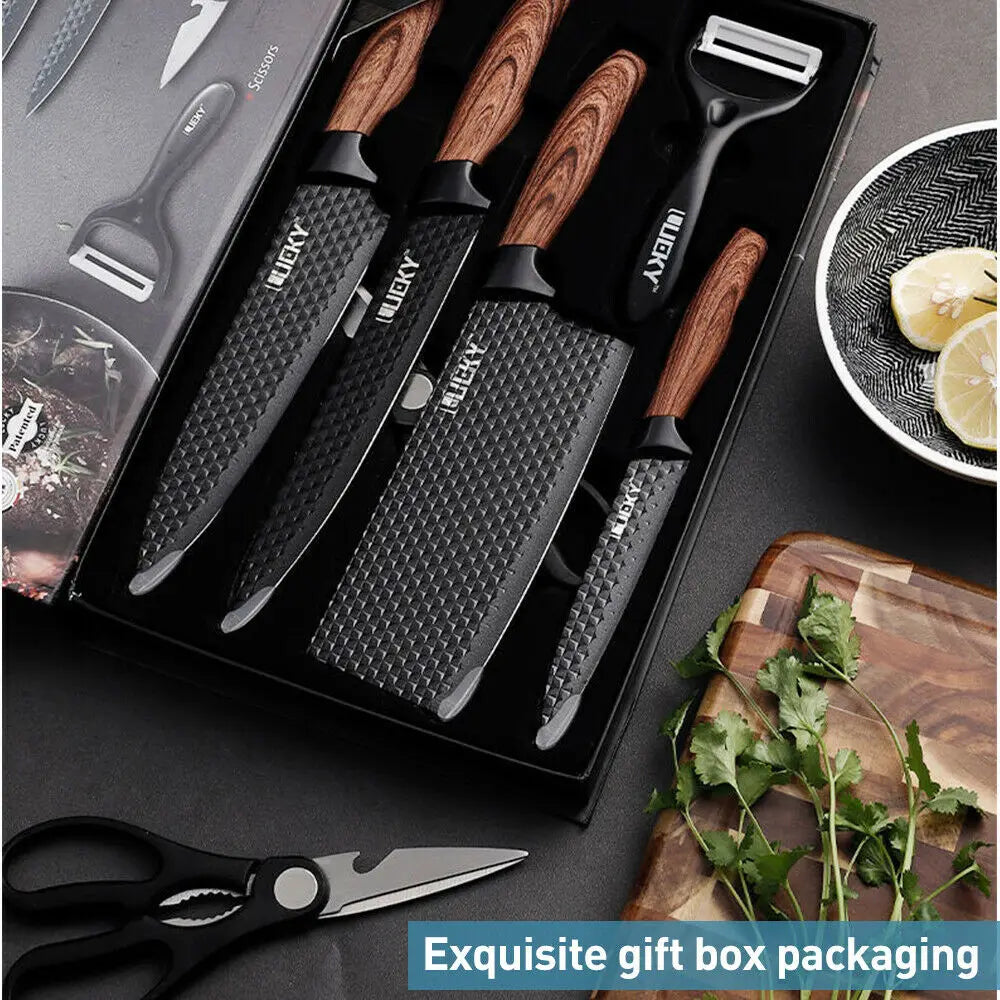 Kitchen Knives Sets Stainless Steel Forged Chef Kitchen Knife Set Scissors Vegetable Peeler Slicer Paring Knife Diamond Pattern