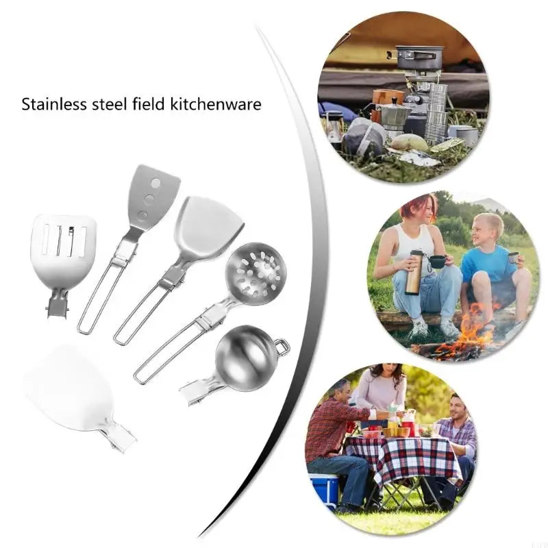 F1FD Stainless Steel Camping Cookware Practical Folding Soup Ladles Strainer Spatula