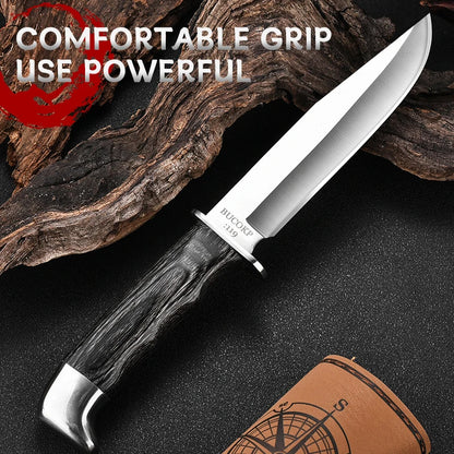 1Pc Ultra-Durable Stainless Steel Knife with Ergonomic Wooden Handle, Includes Portable Black Sheath - Perfect for Camping
