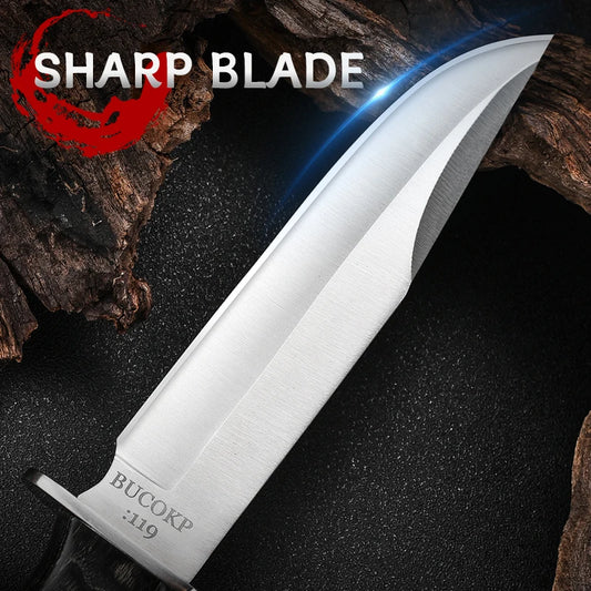 1Pc Ultra-Durable Stainless Steel Knife with Ergonomic Wooden Handle, Includes Portable Black Sheath - Perfect for Camping