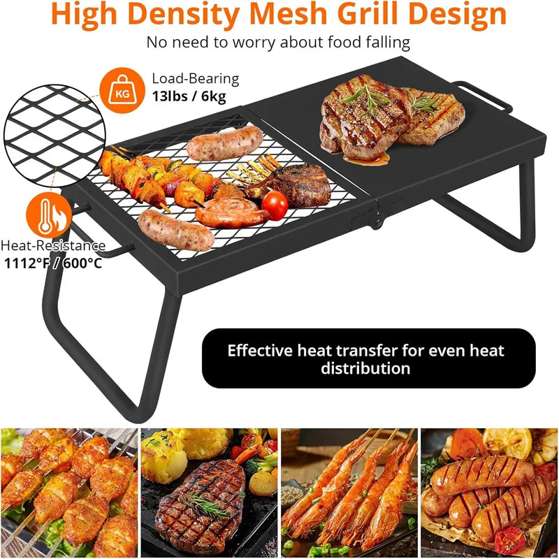 Folding Campfire Grill, Heavy Duty Steel Mesh Grate, Portable Camping Grates Over Fire Pit, Camp Fire Cooking, Grilling Rack