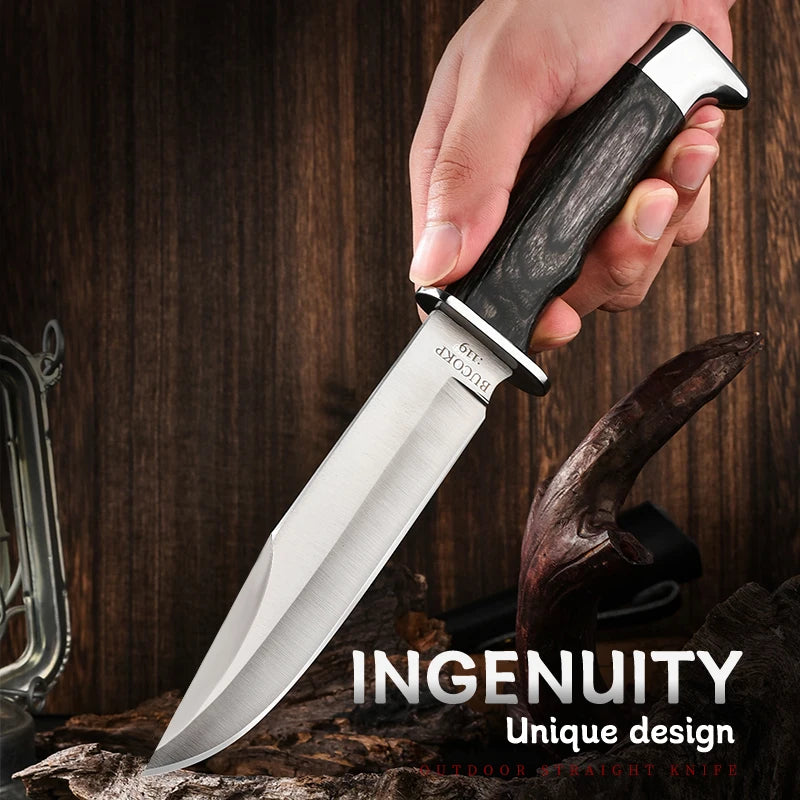 1Pc Ultra-Durable Stainless Steel Knife with Ergonomic Wooden Handle, Includes Portable Black Sheath - Perfect for Camping