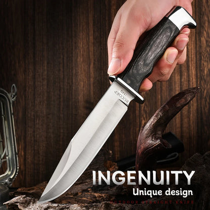 1Pc Ultra-Durable Stainless Steel Knife with Ergonomic Wooden Handle, Includes Portable Black Sheath - Perfect for Camping