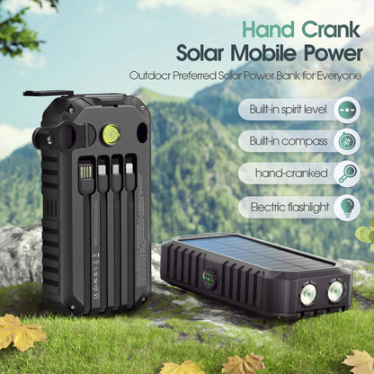 Hand Crank Solar Power Bank 20000mAh Waterproof Portable 22.5W Fast Charger Powerbank for iPhone Samsung Xiaomi External Battery