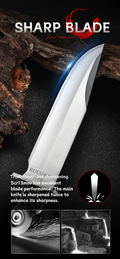 1Pc Ultra-Durable Stainless Steel Knife with Ergonomic Wooden Handle, Includes Portable Black Sheath - Perfect for Camping