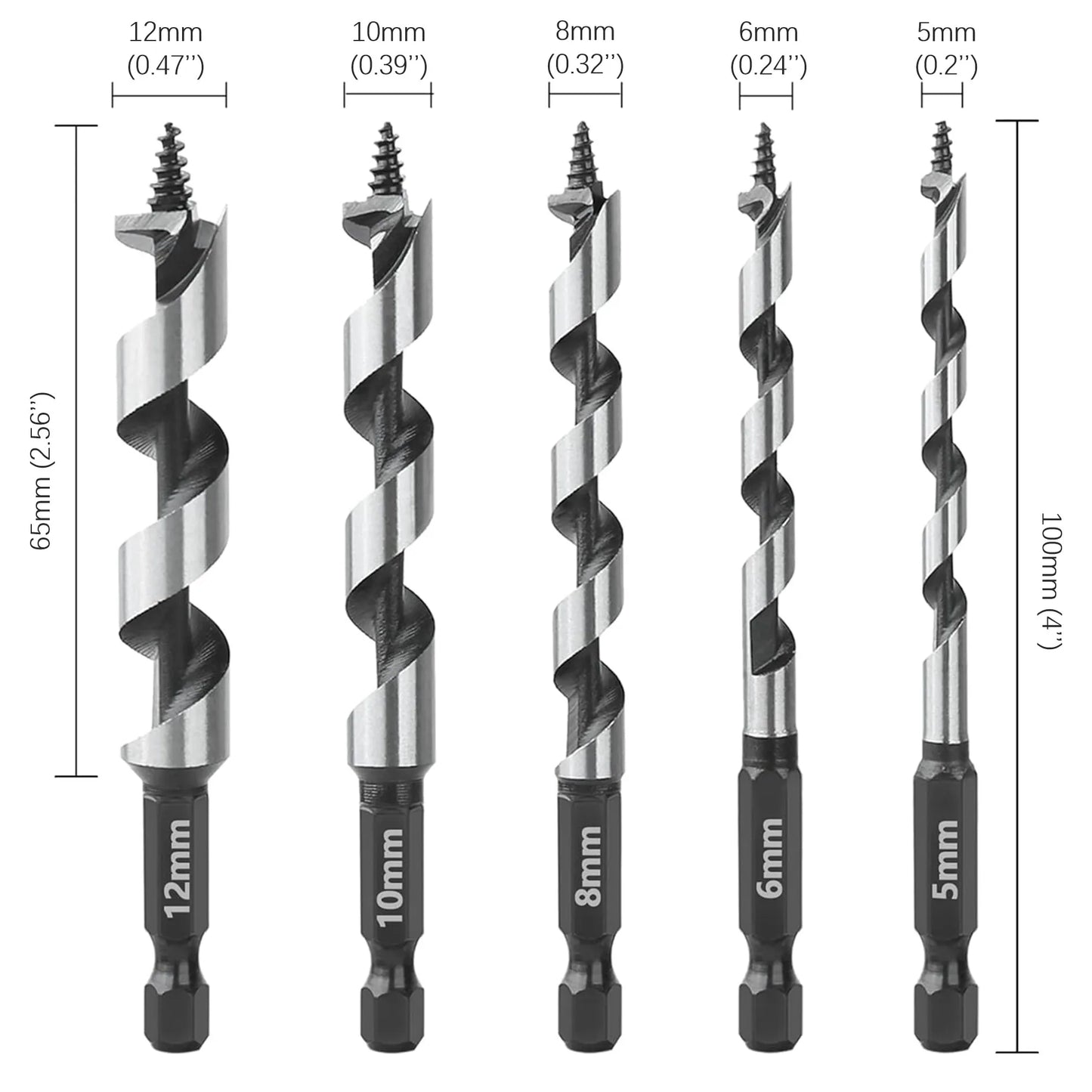 HEDA 5Pcs 5/6/8/10/12mm Woodworking Ship Auger Drill Bit Set 1/4'' Hex Quick Change Shank HCS For Soft Hard Wood Hole Saw