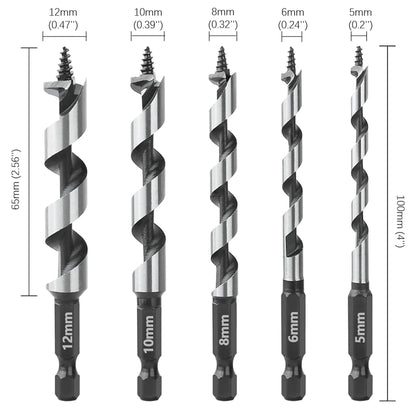 HEDA 5Pcs 5/6/8/10/12mm Woodworking Ship Auger Drill Bit Set 1/4'' Hex Quick Change Shank HCS For Soft Hard Wood Hole Saw