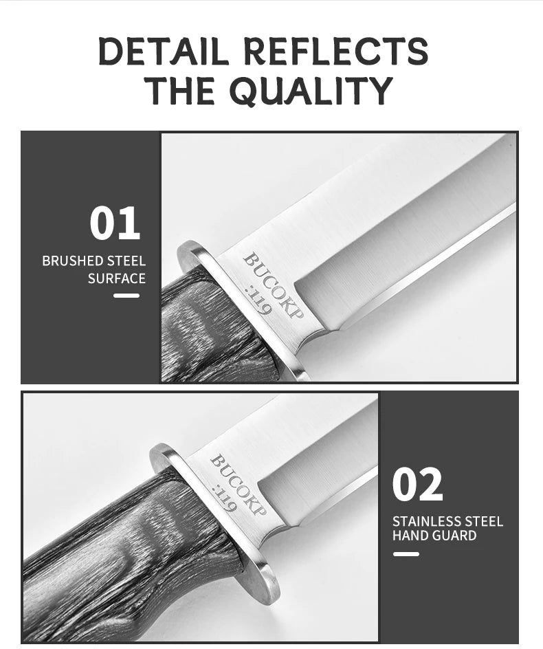 1Pc Ultra-Durable Stainless Steel Knife with Ergonomic Wooden Handle, Includes Portable Black Sheath - Perfect for Camping
