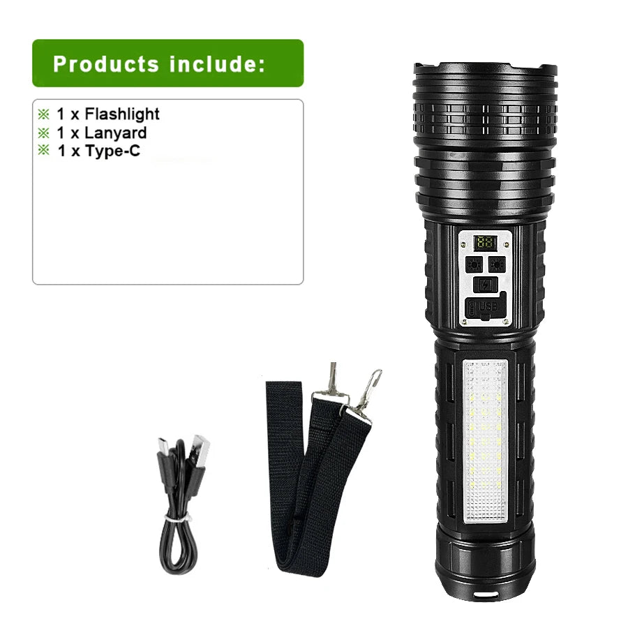 Powerful Flashlight With 7 Lamp Beads Super Tactical Light With COB Side Light Camping Lantern USB Rechargeable Outdoor Torch