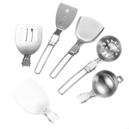 F1FD Stainless Steel Camping Cookware Practical Folding Soup Ladles Strainer Spatula