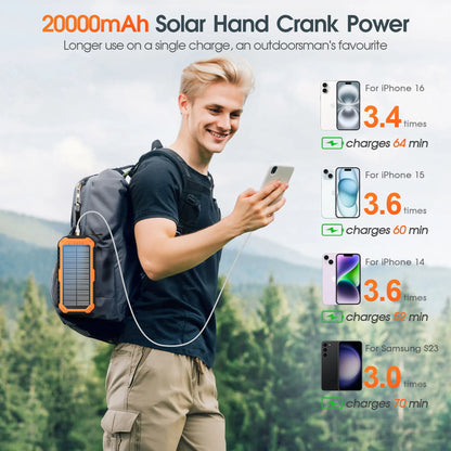 Hand Crank Solar Power Bank 20000mAh Waterproof Portable 22.5W Fast Charger Powerbank for iPhone Samsung Xiaomi External Battery