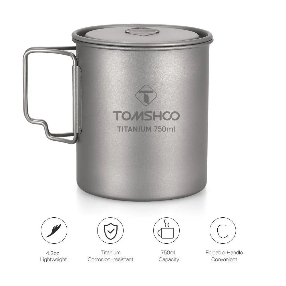 Tomshoo Ultralight 750ml Titanium Pot Portable Titanium Water Mug Cup w/ Lid Foldable Handle Outdoor Camping Picnic Supplies