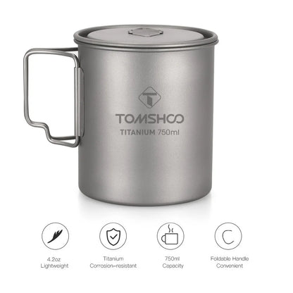 Tomshoo Ultralight 750ml Titanium Pot Portable Titanium Water Mug Cup w/ Lid Foldable Handle Outdoor Camping Picnic Supplies