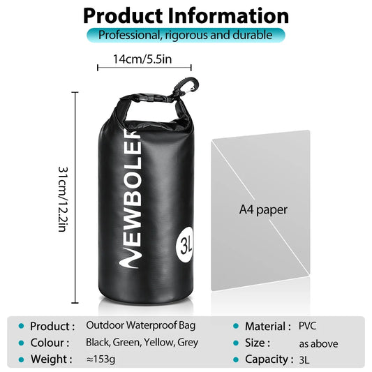 NEWBOLER 3L Waterproof Dry Bag Sack for Camping Drift Trekking Swimming Bag Rafting Kayak Trekking Fishing Outdoor Waterbag