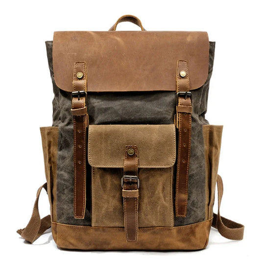 MUCHUAN Oil Wax Canvas Cow Leather Backpacks Unisex Waterproof Rucksacks 15" Laptops Daypacks Large Capacity Vintage Mochilas