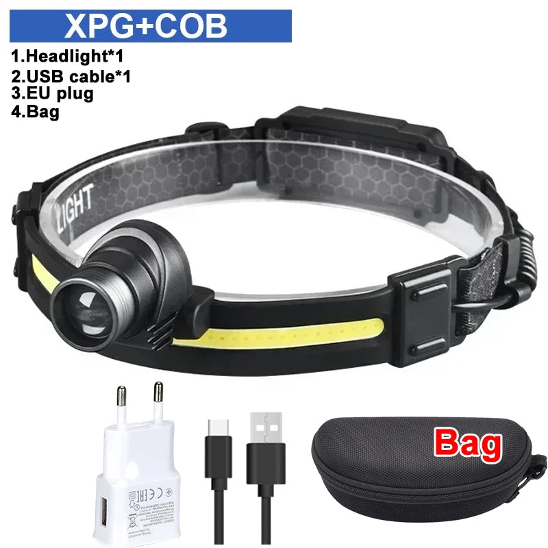 Powerful LED Headlamp 7 Modes XPE+COB Sensor Head Torch