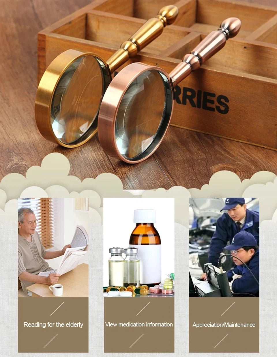 20X Portable All-Metal Magnifier Retro Portable Optical Magnifying Glass Repair Watch Jewelry Loupe Antique Handle Magnifier