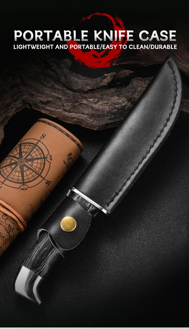 1Pc Ultra-Durable Stainless Steel Knife with Ergonomic Wooden Handle, Includes Portable Black Sheath - Perfect for Camping