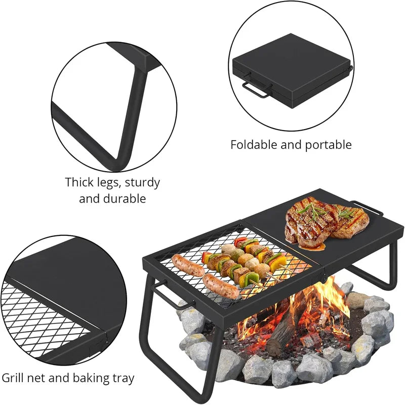 Folding Campfire Grill, Heavy Duty Steel Mesh Grate, Portable Camping Grates Over Fire Pit, Camp Fire Cooking, Grilling Rack