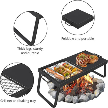 Folding Campfire Grill, Heavy Duty Steel Mesh Grate, Portable Camping Grates Over Fire Pit, Camp Fire Cooking, Grilling Rack