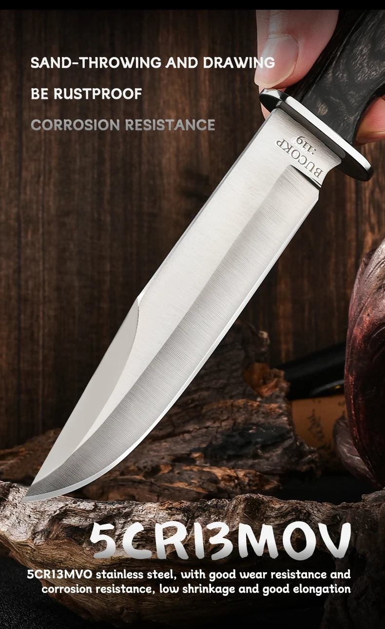 1Pc Ultra-Durable Stainless Steel Knife with Ergonomic Wooden Handle, Includes Portable Black Sheath - Perfect for Camping