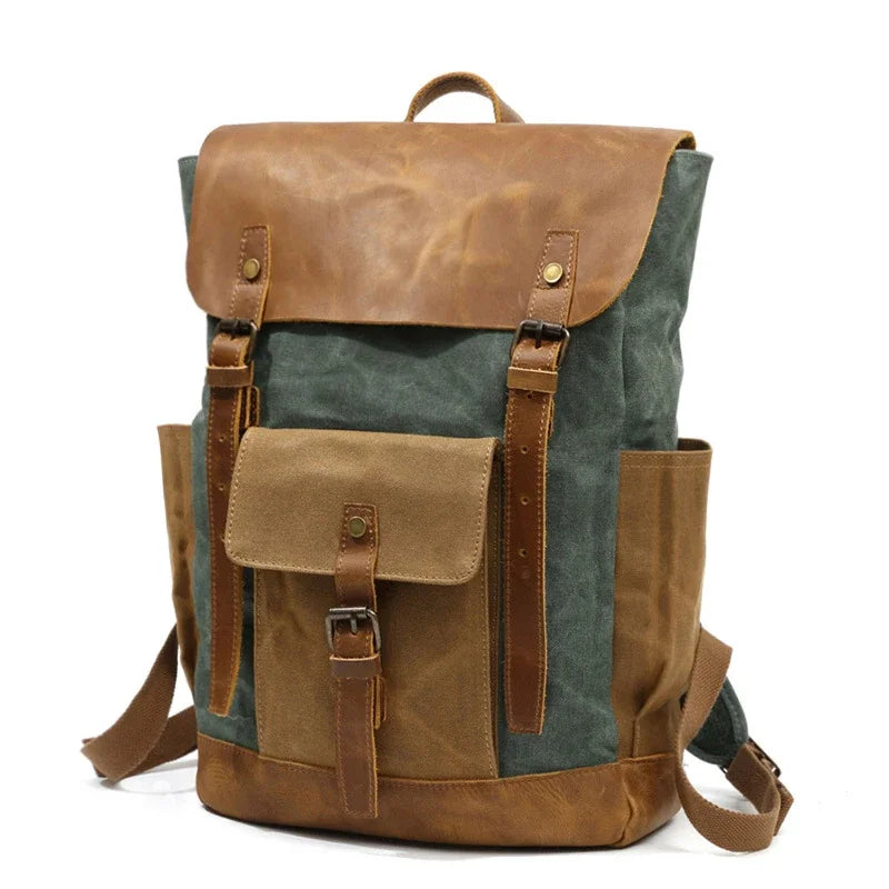 MUCHUAN Oil Wax Canvas Cow Leather Backpacks Unisex Waterproof Rucksacks 15" Laptops Daypacks Large Capacity Vintage Mochilas