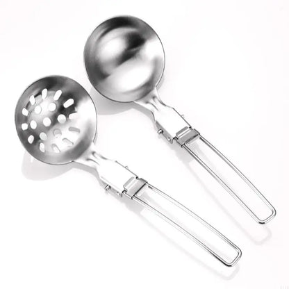 F1FD Stainless Steel Camping Cookware Practical Folding Soup Ladles Strainer Spatula