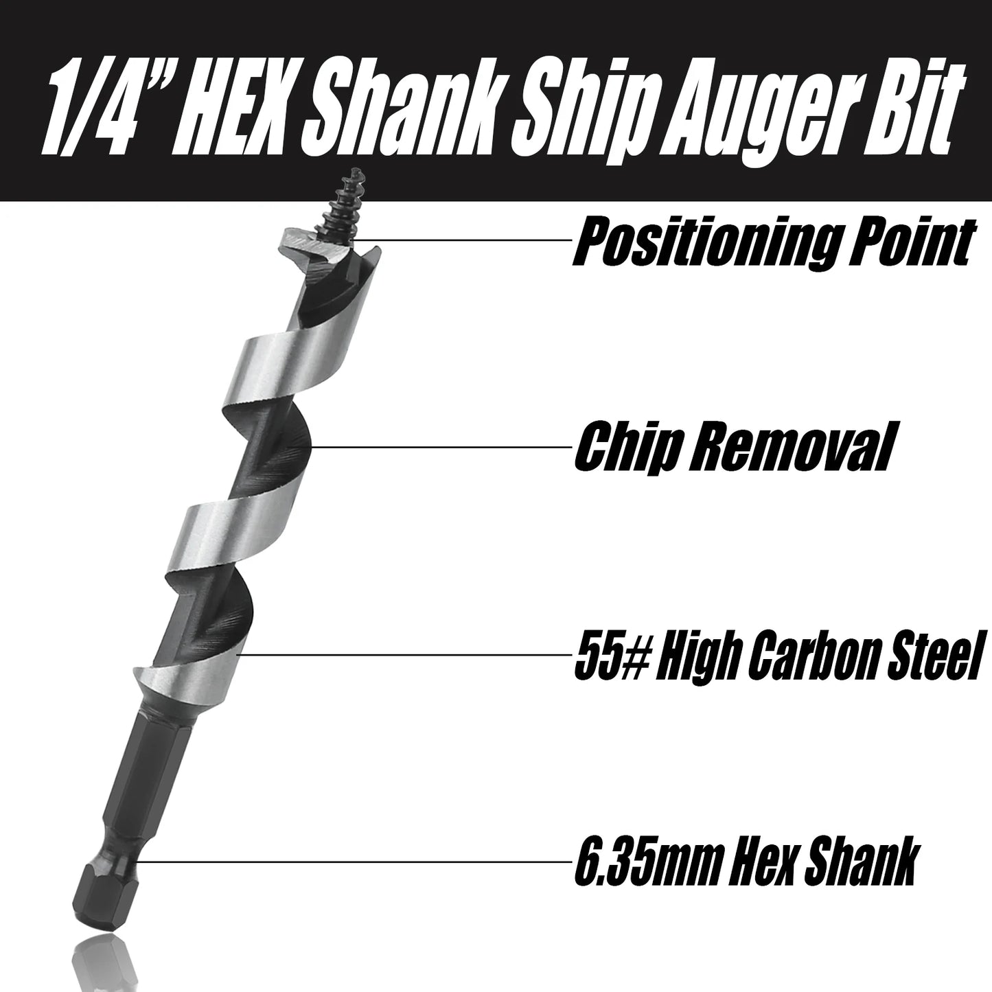 HEDA 5Pcs 5/6/8/10/12mm Woodworking Ship Auger Drill Bit Set 1/4'' Hex Quick Change Shank HCS For Soft Hard Wood Hole Saw