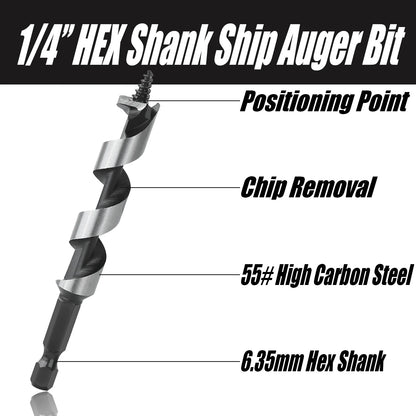 HEDA 5Pcs 5/6/8/10/12mm Woodworking Ship Auger Drill Bit Set 1/4'' Hex Quick Change Shank HCS For Soft Hard Wood Hole Saw