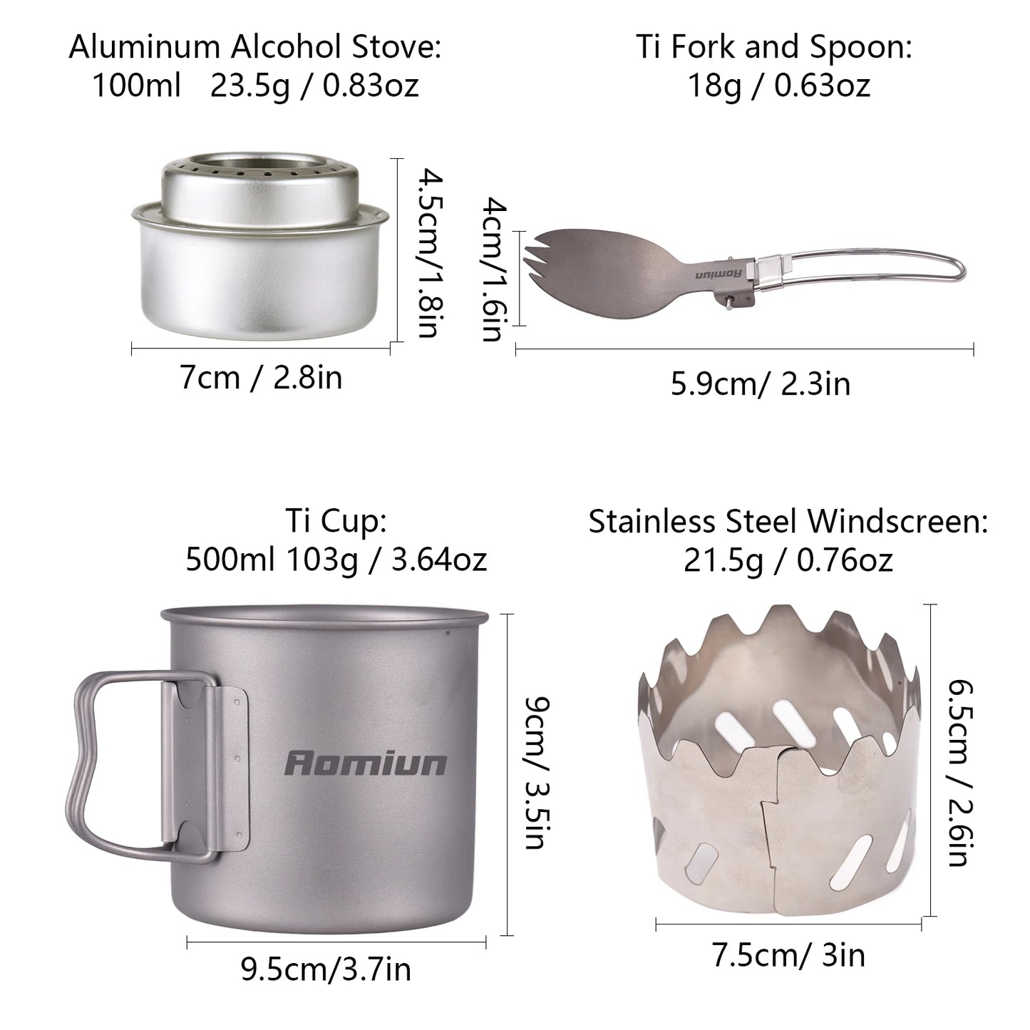 Camping Cooking Set Ti 500ml Cup Fork Spoon Alcohol Stove Windscreen Portable Camping Cook Sets for 1 People