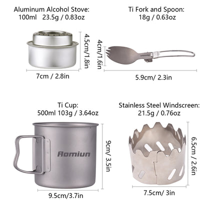 Camping Cooking Set Ti 500ml Cup Fork Spoon Alcohol Stove Windscreen Portable Camping Cook Sets for 1 People