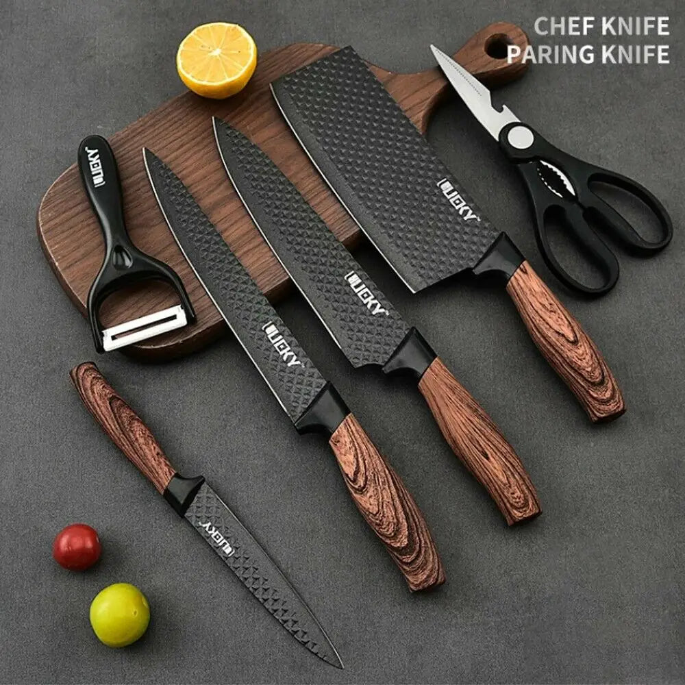 Kitchen Knives Sets Stainless Steel Forged Chef Kitchen Knife Set Scissors Vegetable Peeler Slicer Paring Knife Diamond Pattern