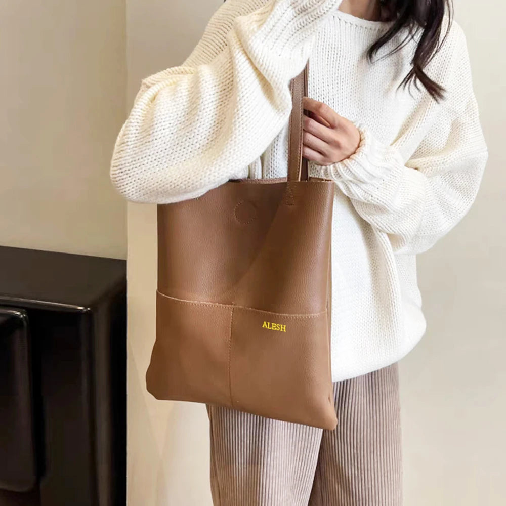 Luxury Design Genuine Leather Custom Initials Tote Bag Cowhide Daily Fashion Woman Shoulder Bag Large Capacity Business Handbag