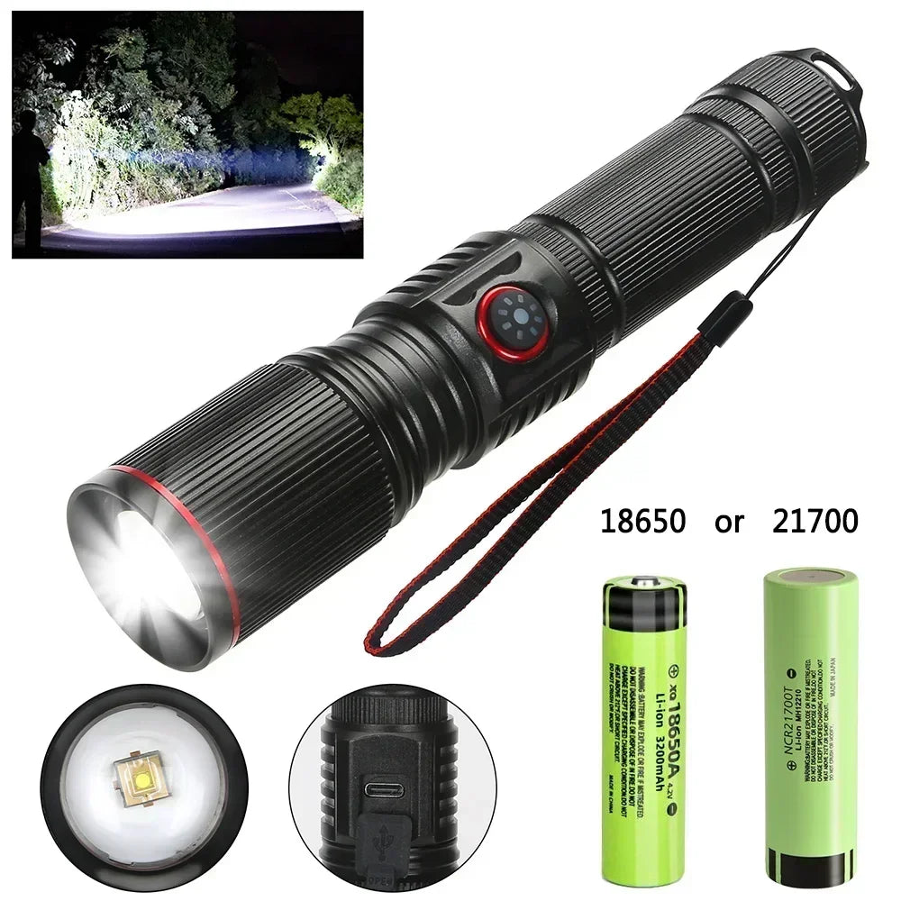 30W  High Bright LED Flashlight High Power Type C Rechargeable Zoom Torch Camping Outdoor Hunting Fishing Walking Lighting Lamp