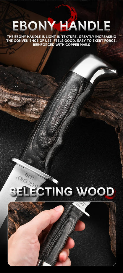 1Pc Ultra-Durable Stainless Steel Knife with Ergonomic Wooden Handle, Includes Portable Black Sheath - Perfect for Camping