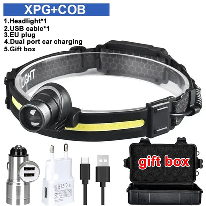 Powerful LED Headlamp 7 Modes XPE+COB Sensor Head Torch