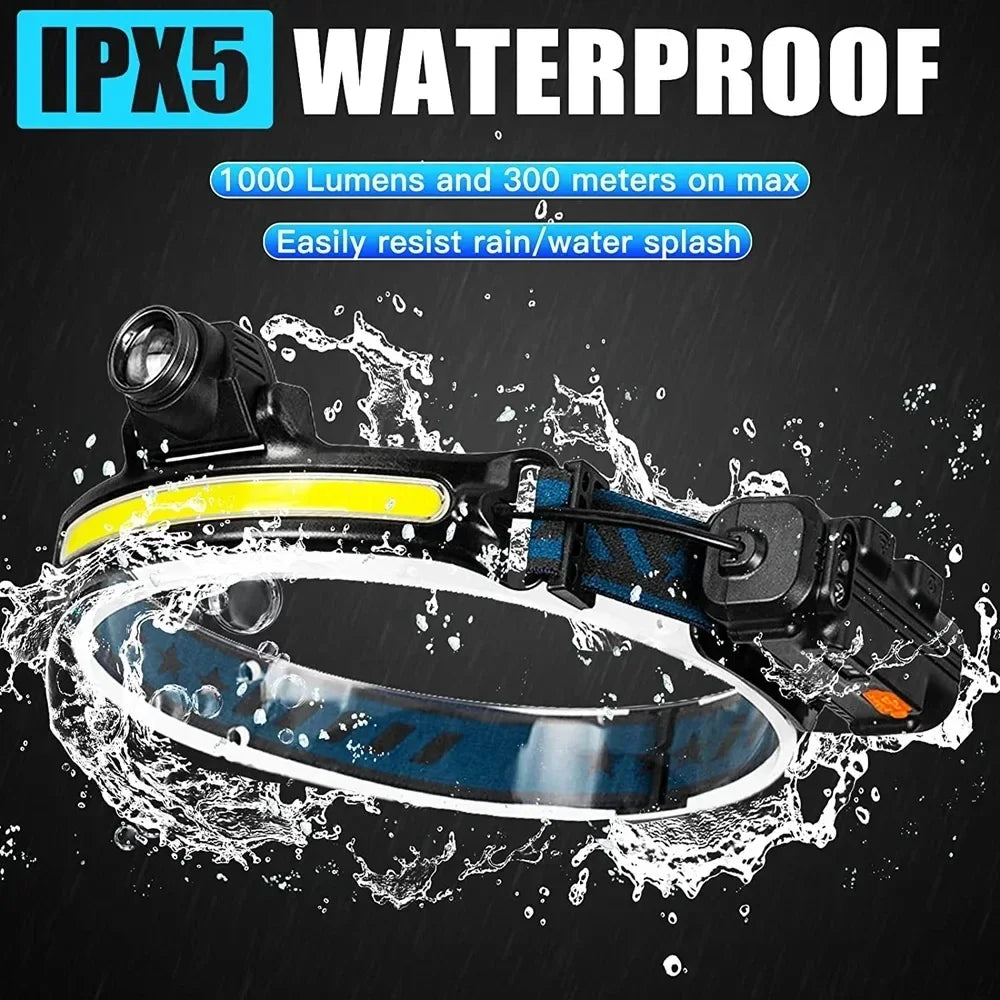 Induction Headlamp XPG+COB LED Head Lamp with Built-in Battery