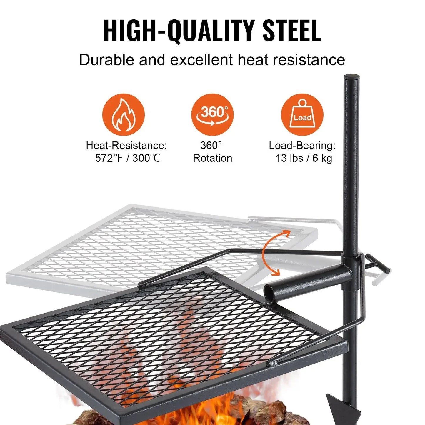 360° Swivel Campfire Grill – Heavy-Duty Steel Grate for Adjustable Open-Fire Cooking (Portable for Camping & BBQ)."