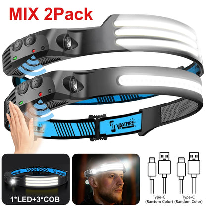 Induction Headlamp COB+LED Headlamp Built in Battery USB Rechargeable Outdoor Waterproof Camping Fishing Work Lantern ﻿