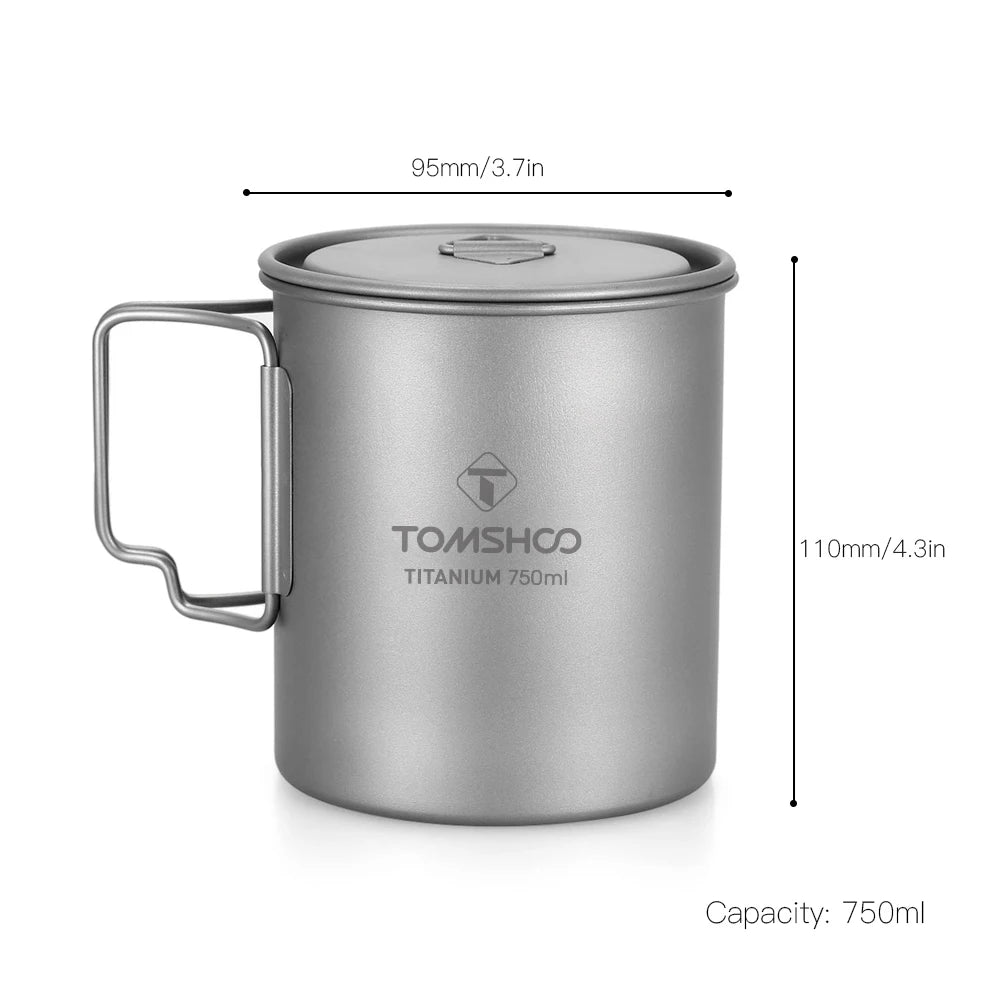 Tomshoo Ultralight 750ml Titanium Pot Portable Titanium Water Mug Cup w/ Lid Foldable Handle Outdoor Camping Picnic Supplies